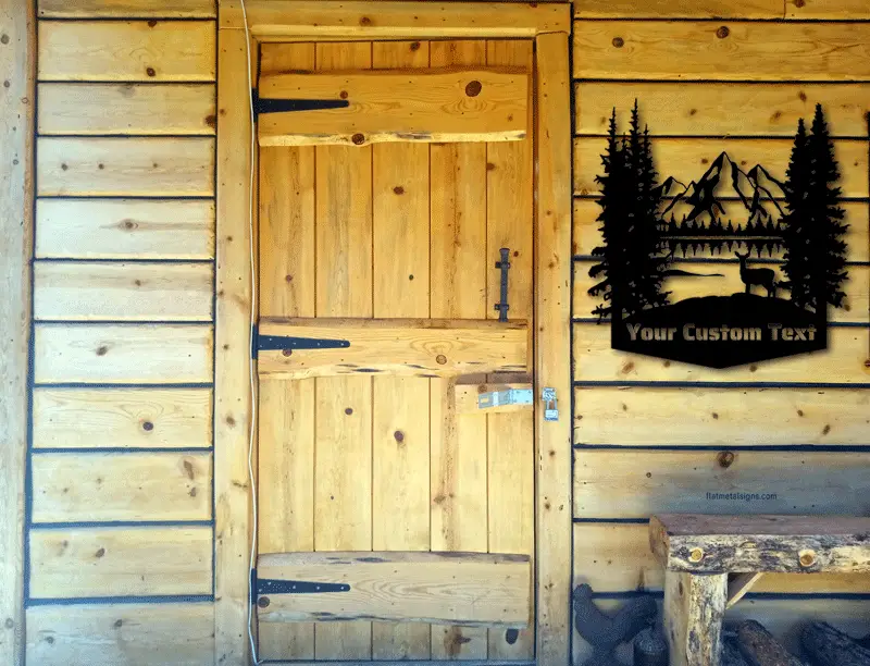 Flat metal sign on cabin wall.