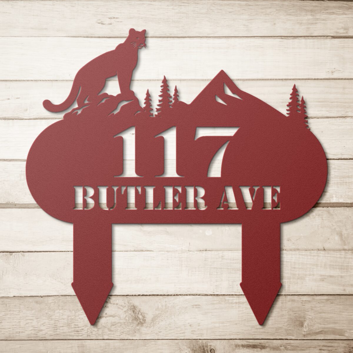 Cougar_Address_Sign_Red_Simple_Wood_BKGD_Mockup-thumb.png Metal Custom Address Sign Staked With Cougar Setting Atop - Image 5