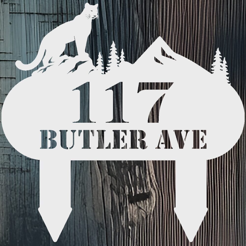 White Staked Cougar Address-wood bkgrd Metal Custom Address Sign Staked With Cougar Setting Atop - Image 6