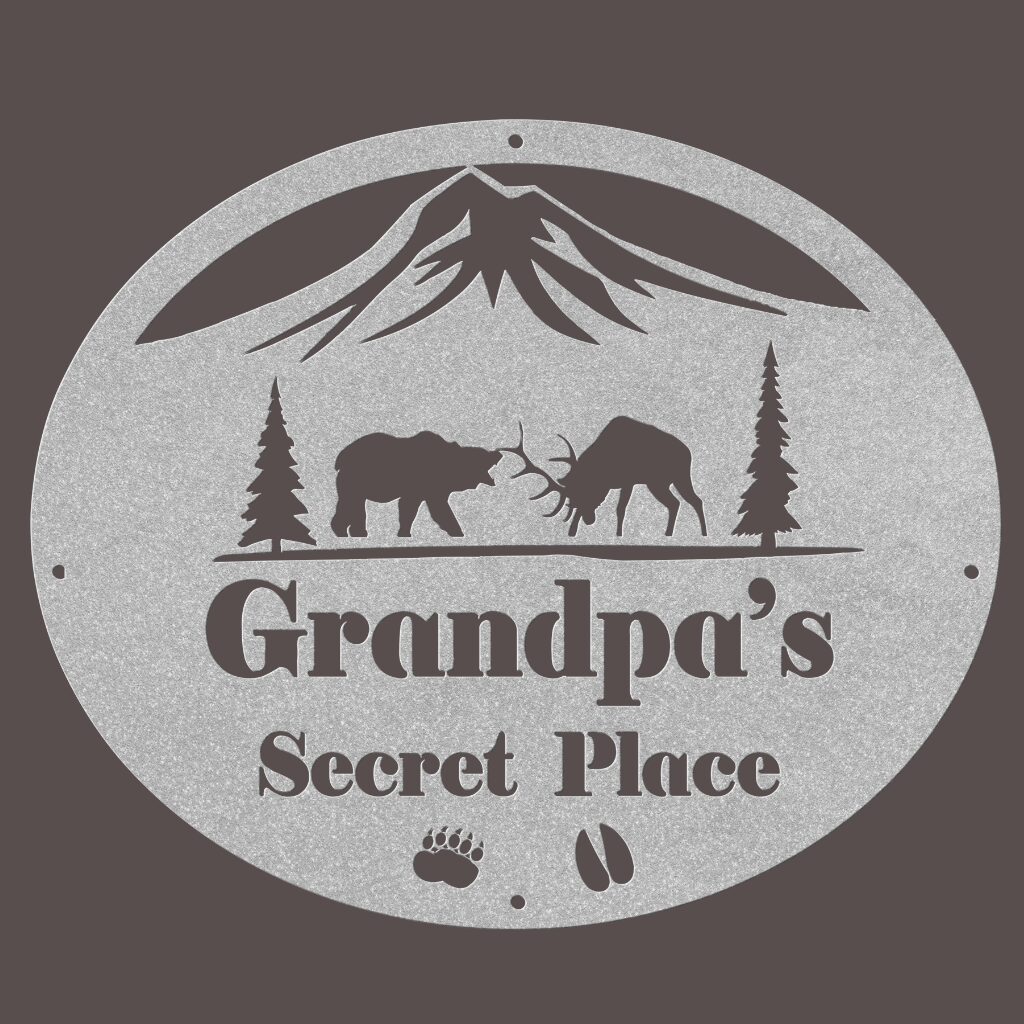Bear_verses_Elk_Battle_Oval_Wall_Sign_Silver_Dark-Gray-bkgrnd-Transparent_Mockup Custom Metal Silhouette Signs - Bear verses Elk Battle Oval Wall Sign - Image 6