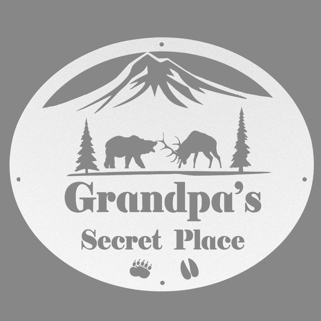 Bear_verses_Elk_Battle_Oval_Wall_Sign_White_Gray-bkgrnd-Transparent_Mockup Custom Metal Silhouette Signs - Bear verses Elk Battle Oval Wall Sign - Image 5