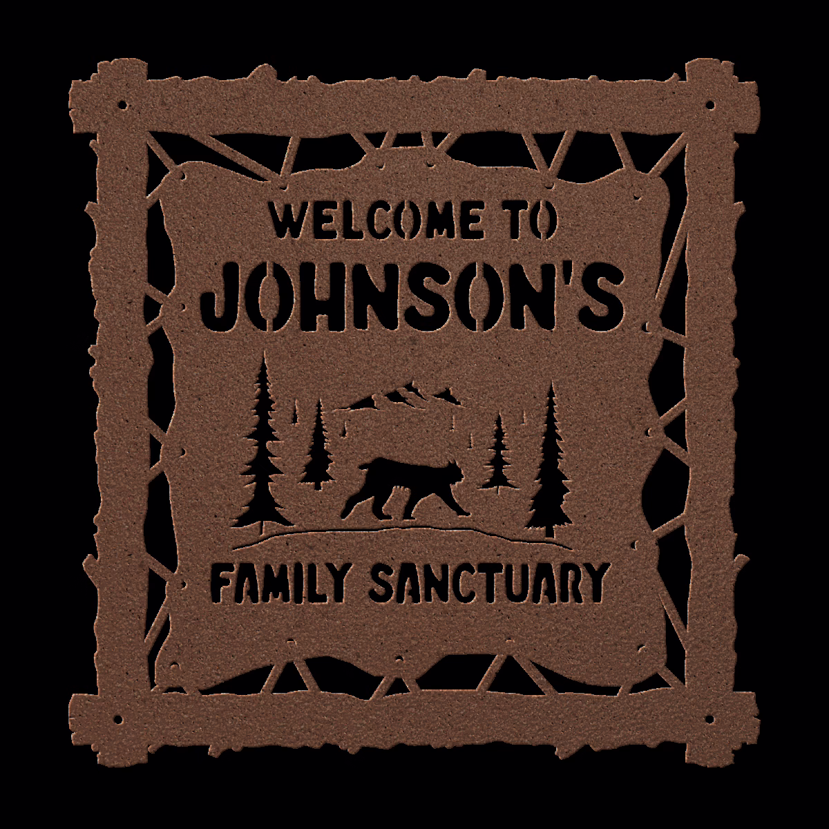 a copper sign with an animal and trees