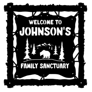 Family Name on stretched hide inside log frame - bear and trees