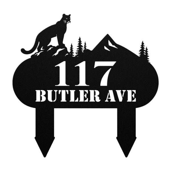 Metal custom address sign with a cougar sitting on a rock above