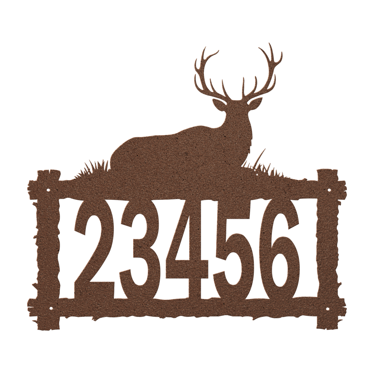 Custom_Metal_Address_Sign_-_Log_Frame_Be_Copper_Transparent_Mockup a house number and elk on a log frame