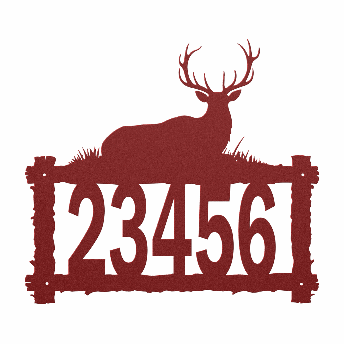 Custom_Metal_Address_Sign_-_Log_Frame_Be_Red_Transparent_Mockup a house number and elk on a log frame