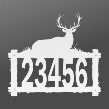 a house number and elk on a log frame