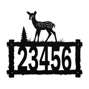 Custom address sign with a lone fawn above