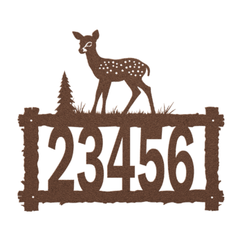 a house number and a fawn on a log frame