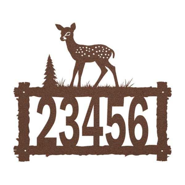 a house number and a fawn on a log frame