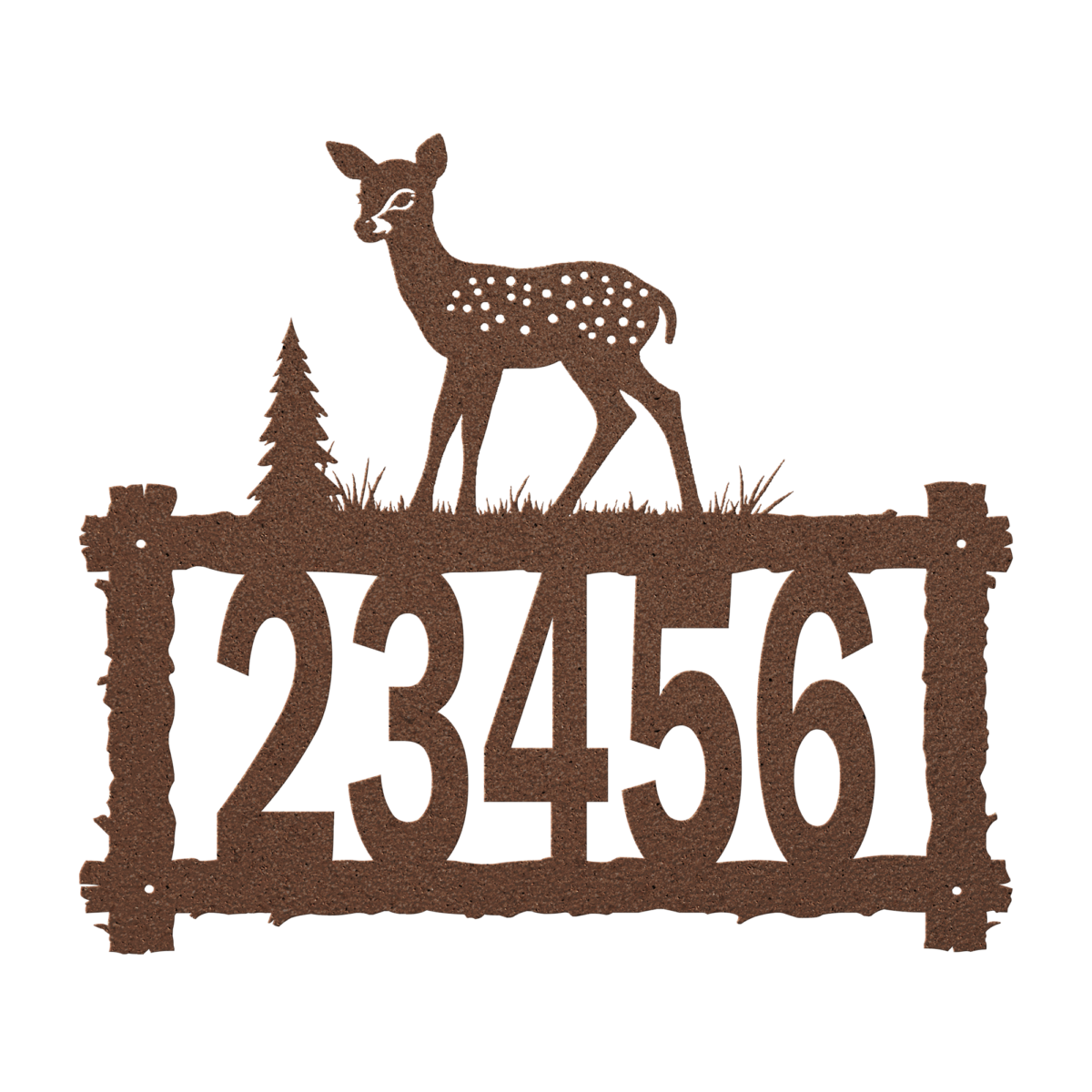 Log_Address_Sign_With_Fawn_Top_Copper_Transparent_Mockup a house number and a fawn on a log frame
