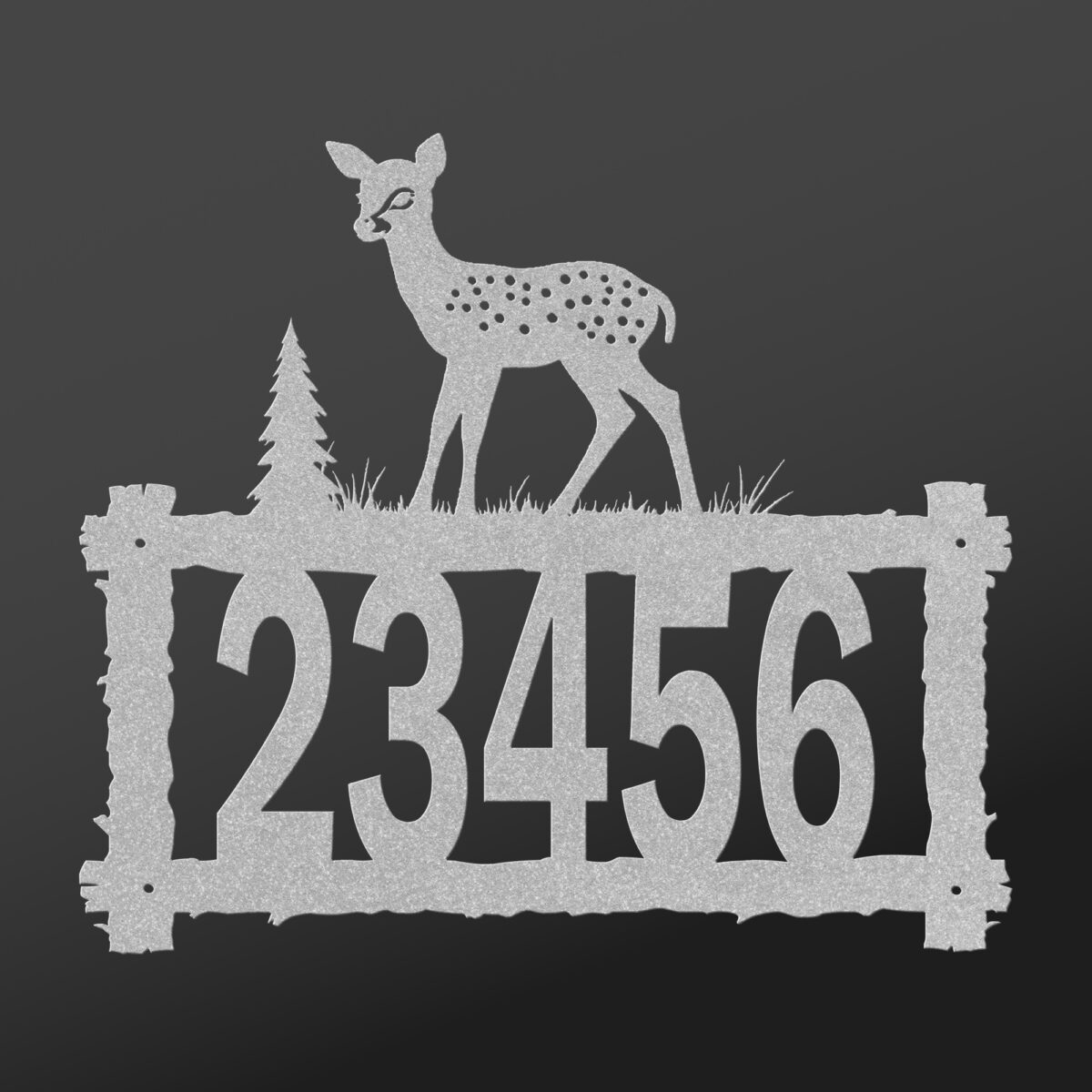 Log_Address_Sign_With_Fawn_Top_Silver_Gradient_Mockup Custom address metal sign with a fawn top