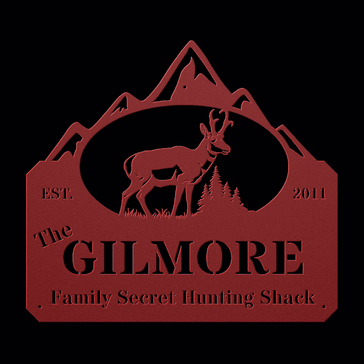 a red sign with an antelope and mountains