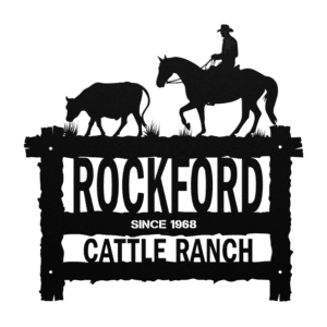 a sign with a man riding a horse and cows