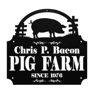 Metal pig sign with custom name engraving, barnyard wall décor for farms or pig owners.