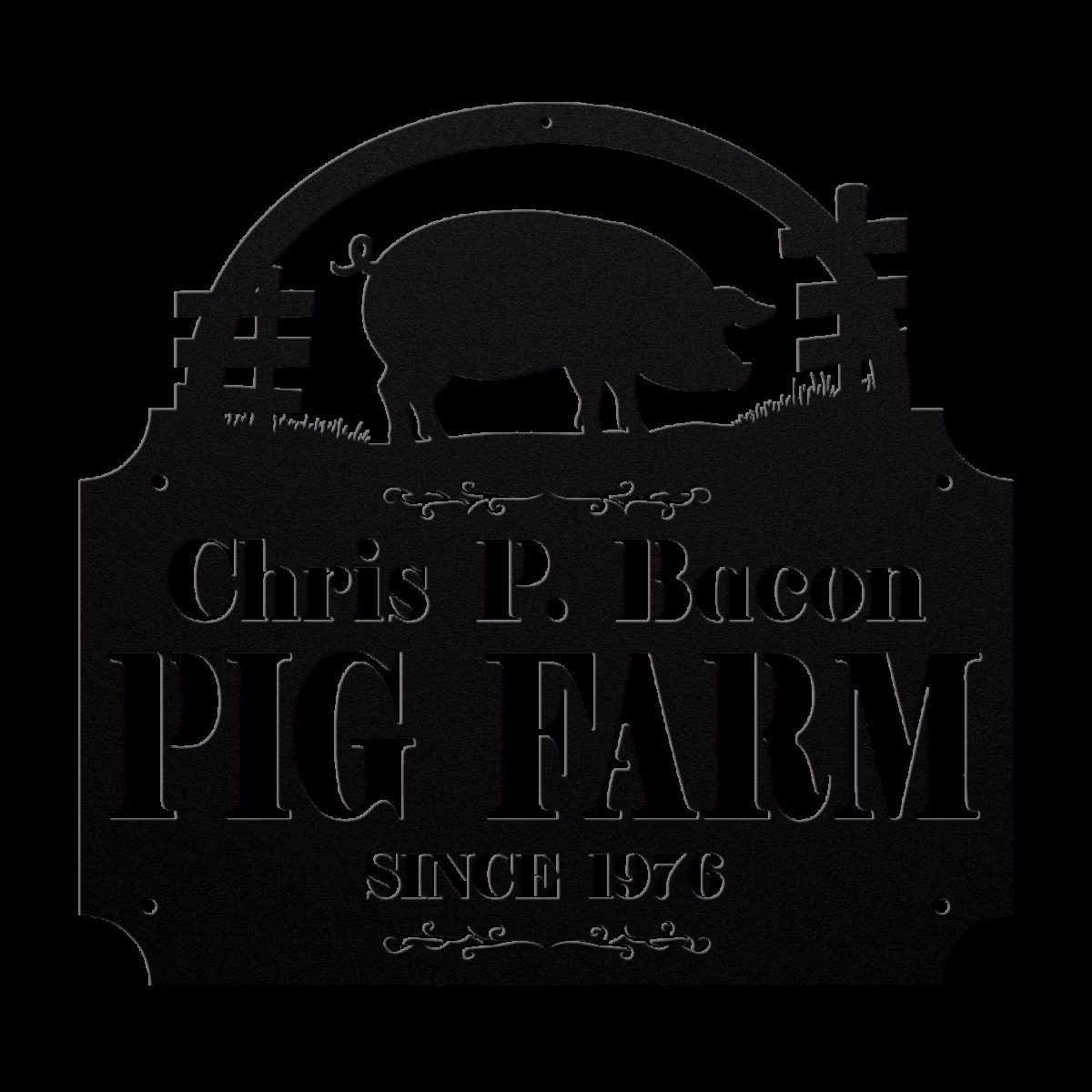 Metal pig sign with custom name engraving, barnyard wall décor for farms or pig owners.