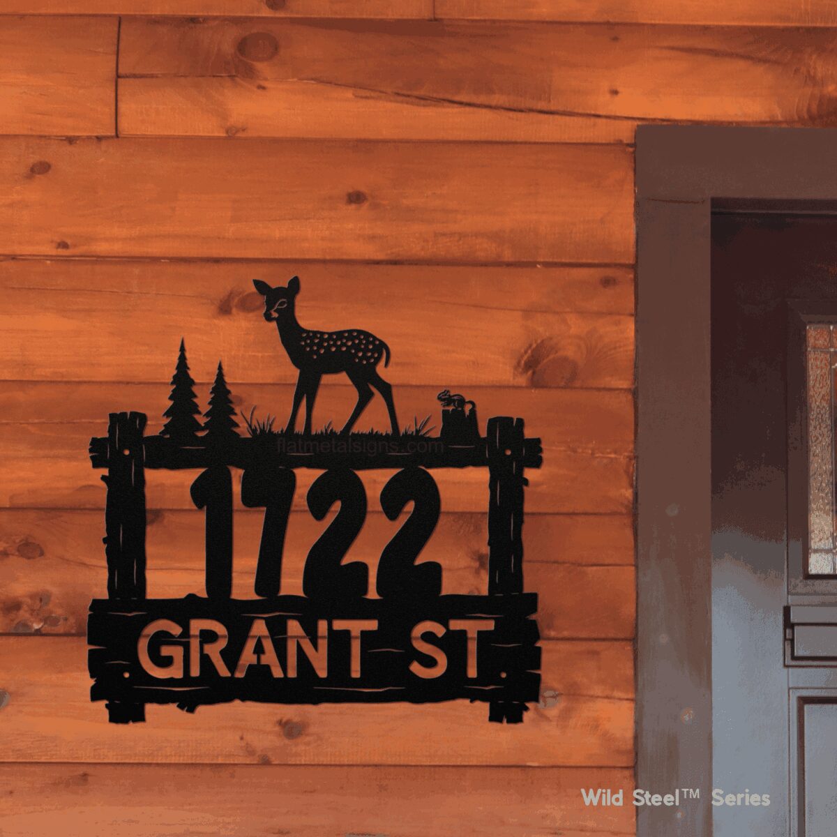 Fawn-Alone-Address-Metal-Sign-Log_Frame-wall-mount-bg Custom Fawn Metal Address Sign - Log Frame - Chipmunk - Wild Steel Series - Image 2