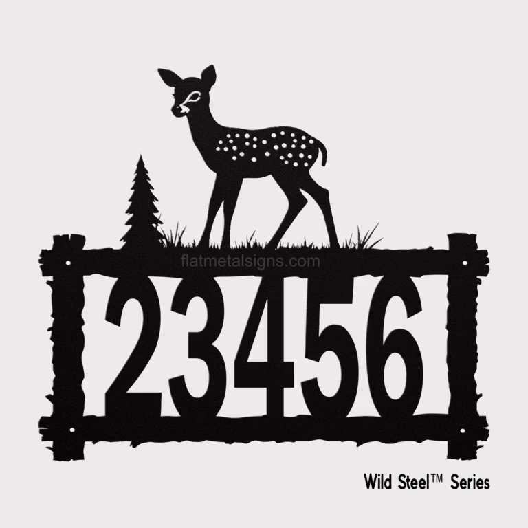 Rustic metal address sign featuring a fawn design — part of the Wild Steel™ Series