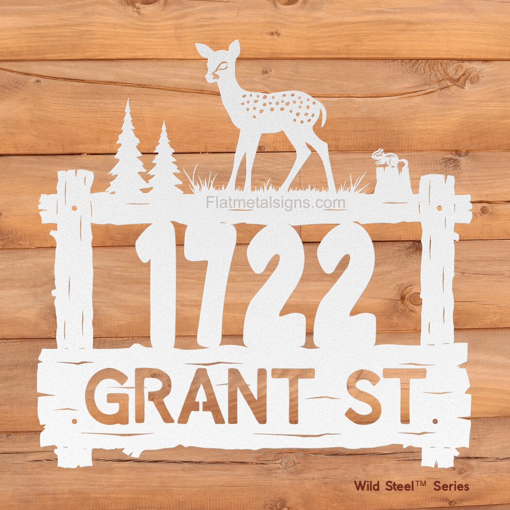 Fawn-Alone-Address-Metal-Sign_-_Log_Fram_White-Log-bg Lone fawn with chipmunk address metal sign in white