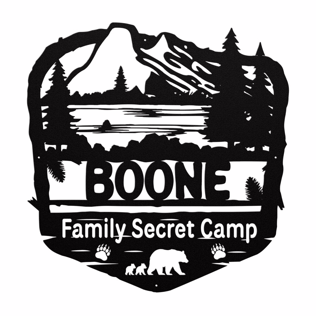 Rustic bear metal camp sign with twig border, mama bear and cubs design