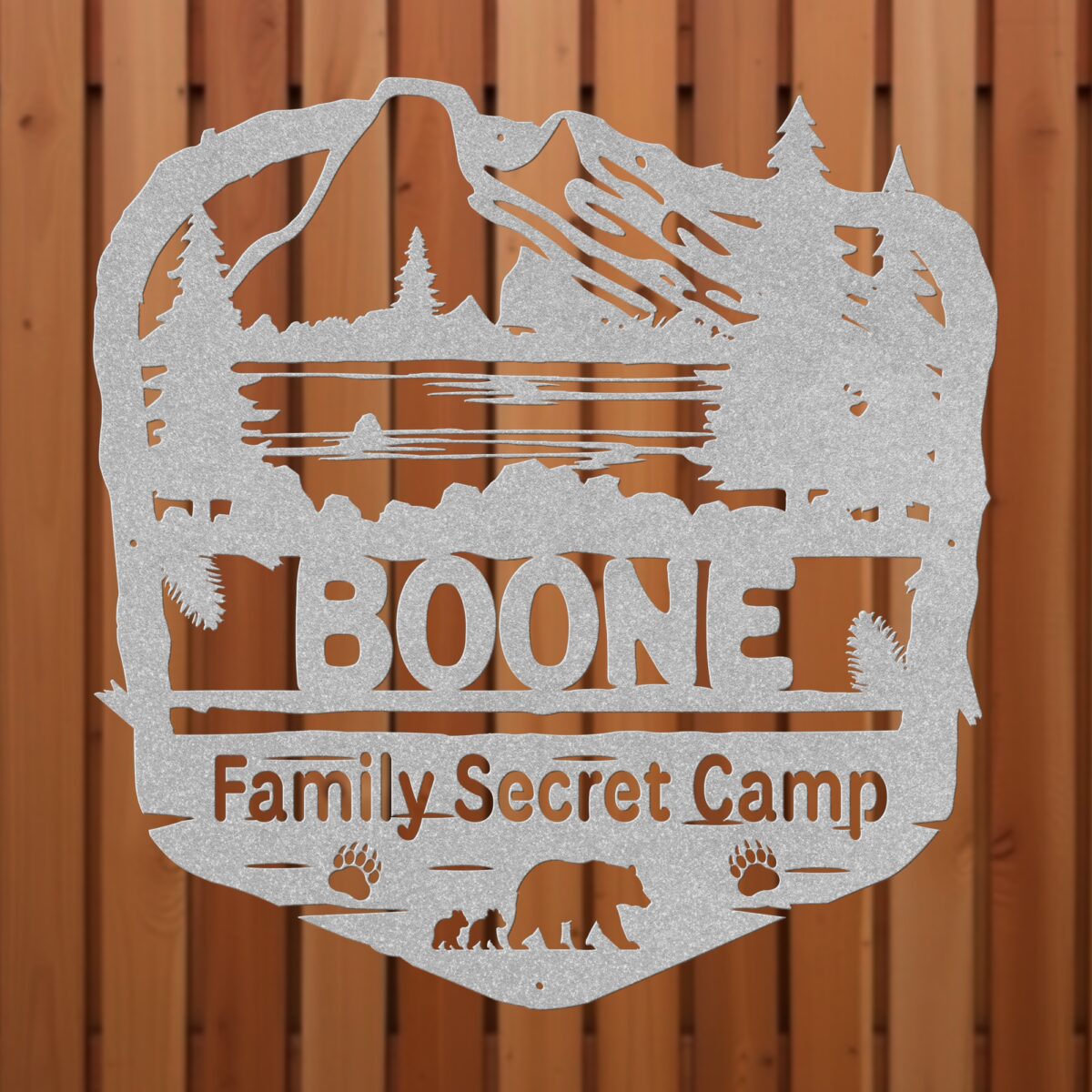 Rustic_Bear_Metal_Cabin_Sign__Mama_Be_Silver-fence-bg_Mockup Rustic Bear Metal Cabin Sign – Mama Bear with Cubs Design - Image 4