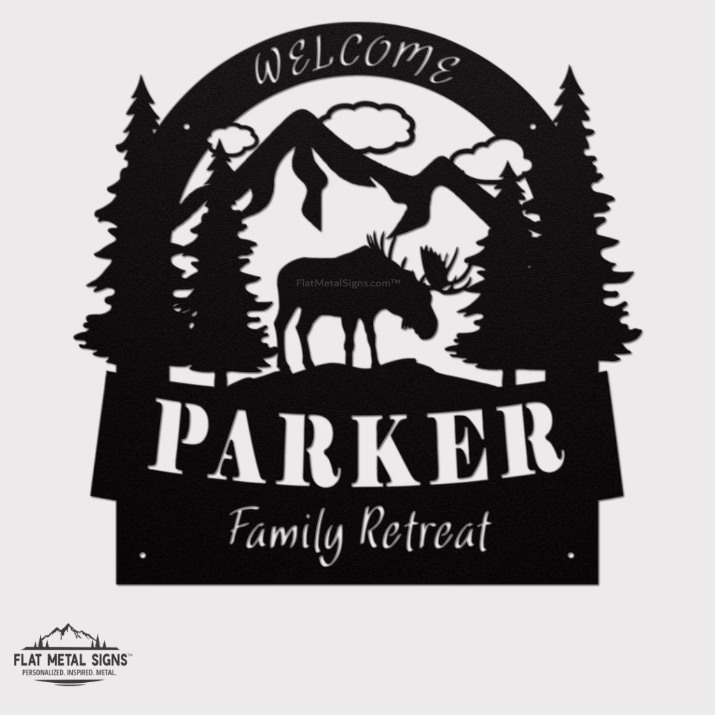 Arched Top Welcome-with-black-Moose-white-bg Wildlife arched moose metal sign silhouette