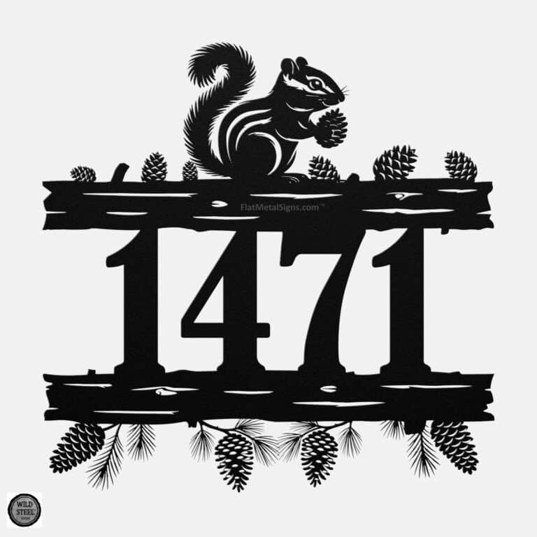 Chipmunk address sign with logs and pinecones