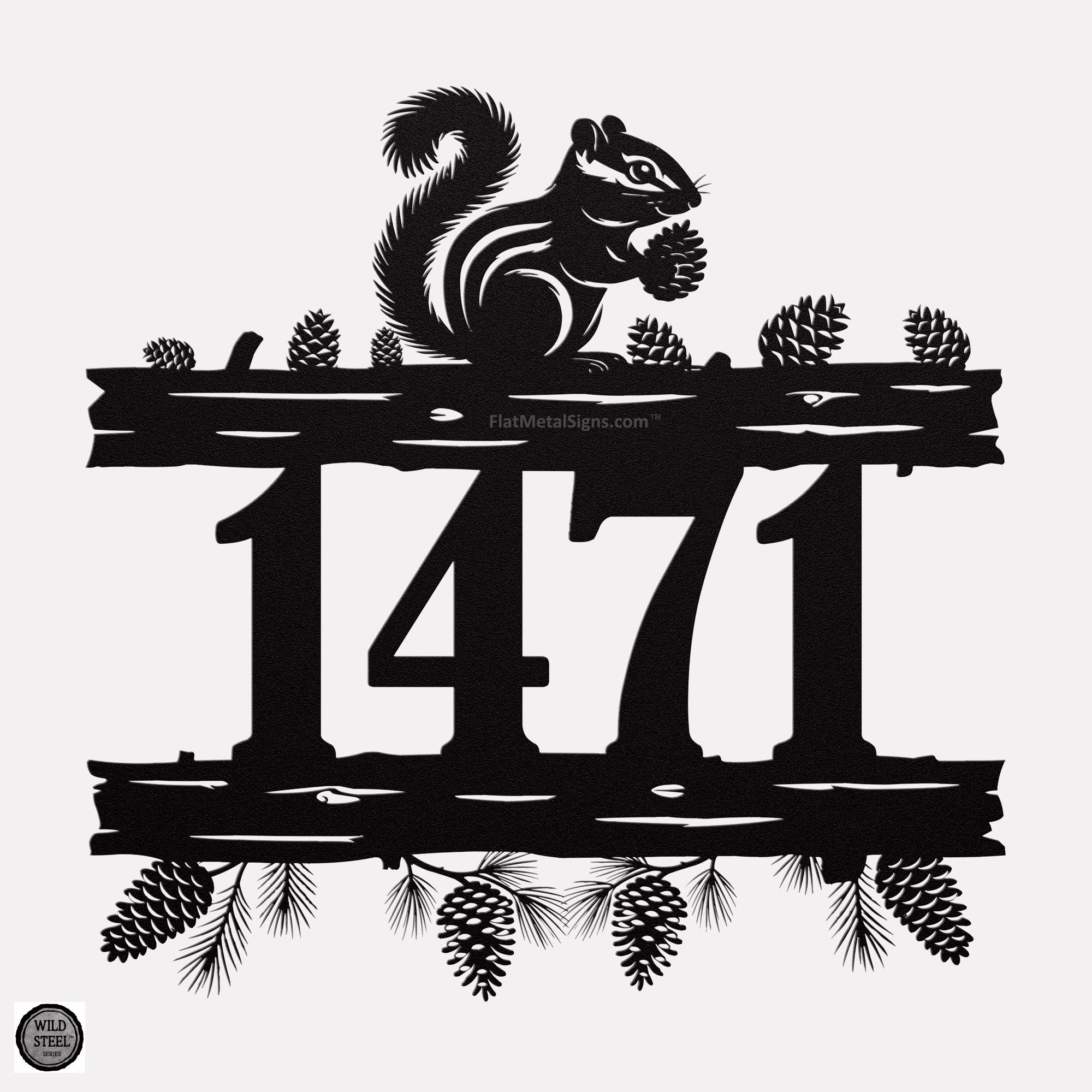 Chipmunk_Address_Sign__Wild_Steel__Black_off-white-bg_Mockup-wm Chipmunk address sign with logs and pinecones