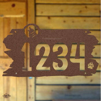 metal wolf address sign with paw print cutouts