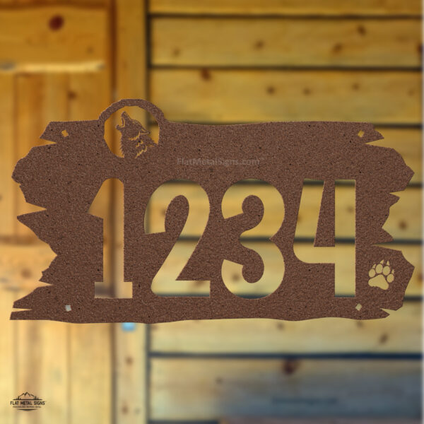 metal wolf address sign with paw print cutouts