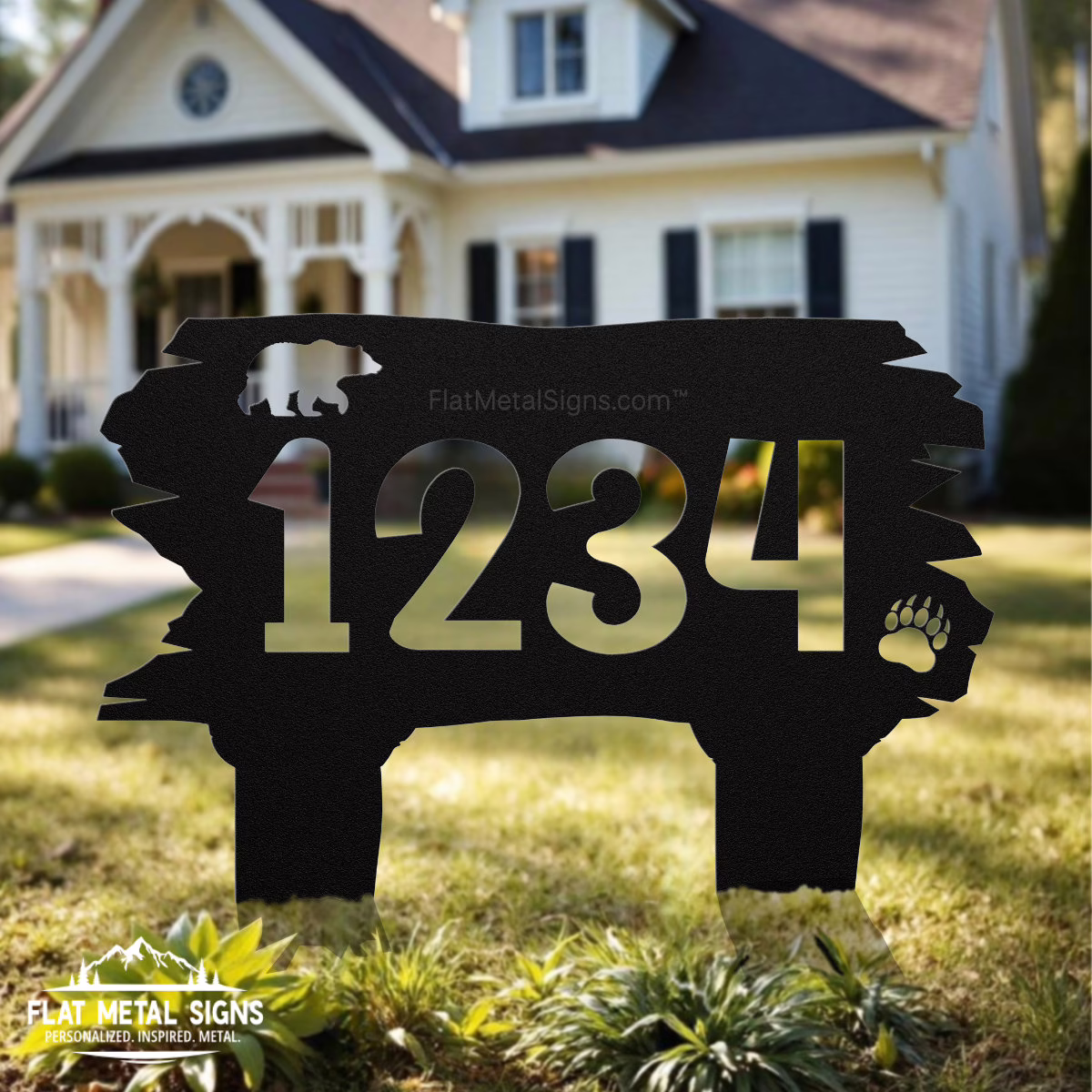 Rustic-Yard-Bear-Address-Sign-In-Ground-Mockup-Black rustic bear address yard sign