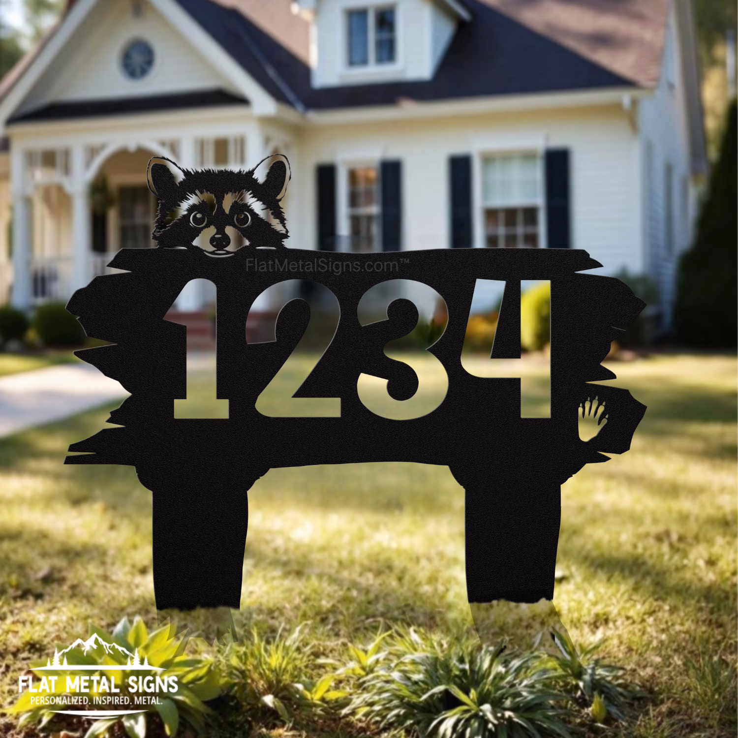rustic raccoon yard address sign