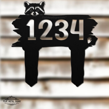 Rustic raccoon yard address sign with plank base