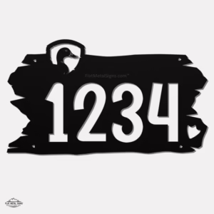 Rustic metal address sign with house number with duck head