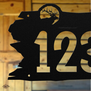 Close up of rustic elk address sign for cabin or home