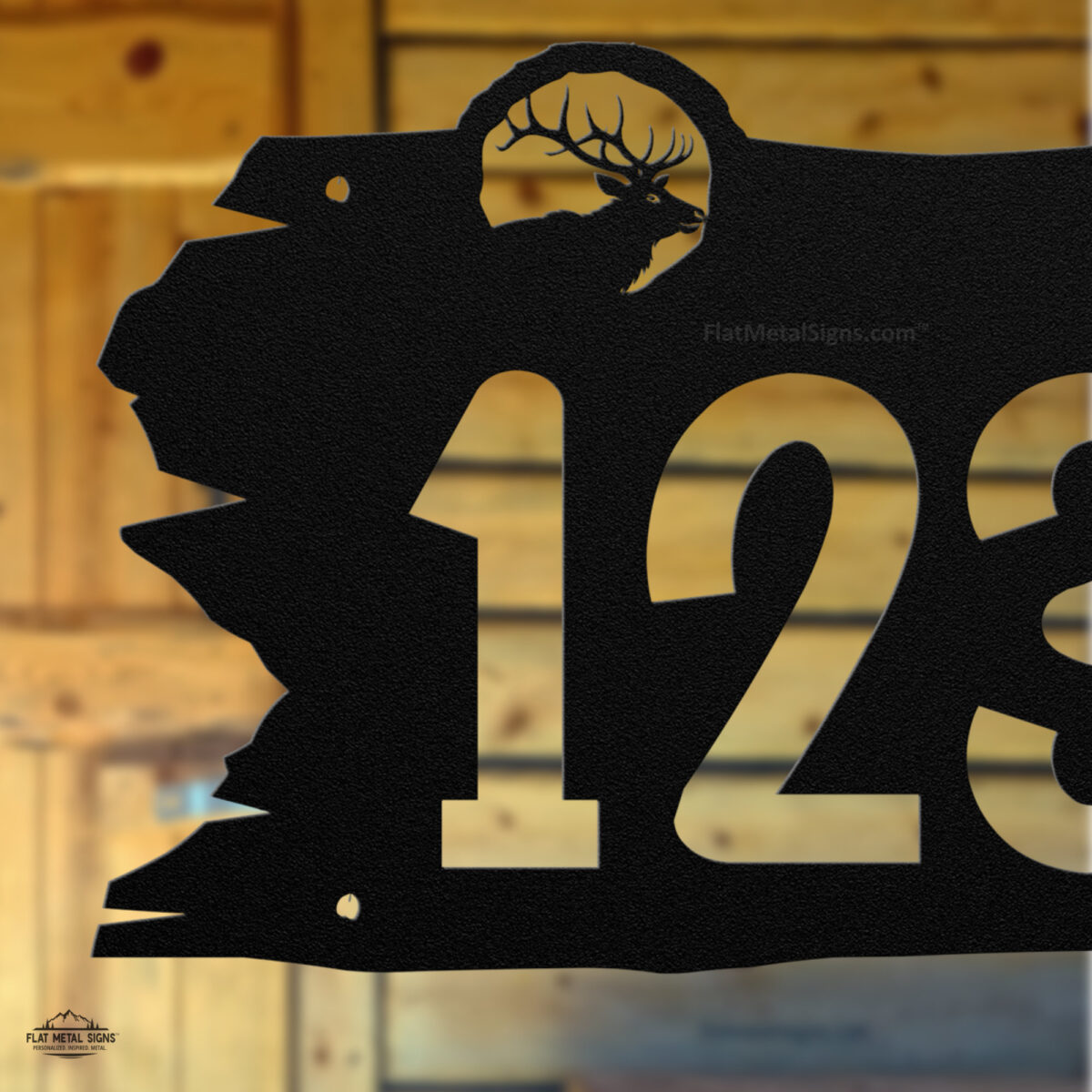 Rustic-wall-address-sign-moose-bear-wolf-elk Close up of rustic elk address sign for cabin or home