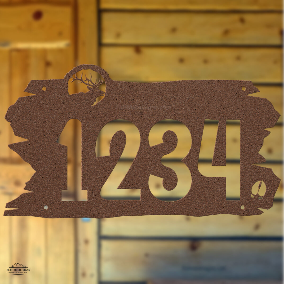 Rustic-wall-address-sign-moose-bear-wolf-elk Copper elk address sign with cutout silhouette and personalized numbers for rustic homes