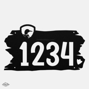 Rustic metal address sign with house number with loon