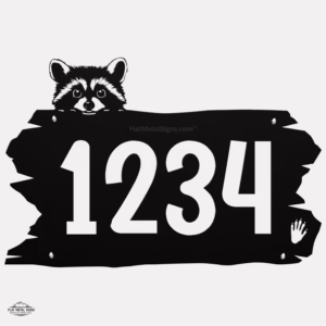 Rustic metal address sign with house number with Peeking Raccoon