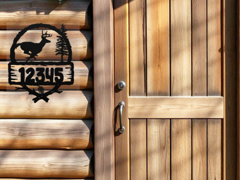 Deer address metal sign mounted outdoors