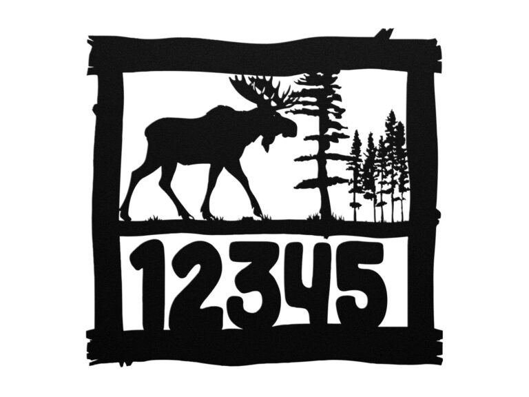Rustic moose house number sign in steel.