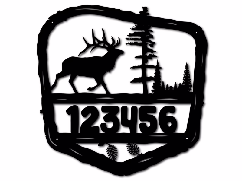 Rustic elk metal address sign with park-style frame