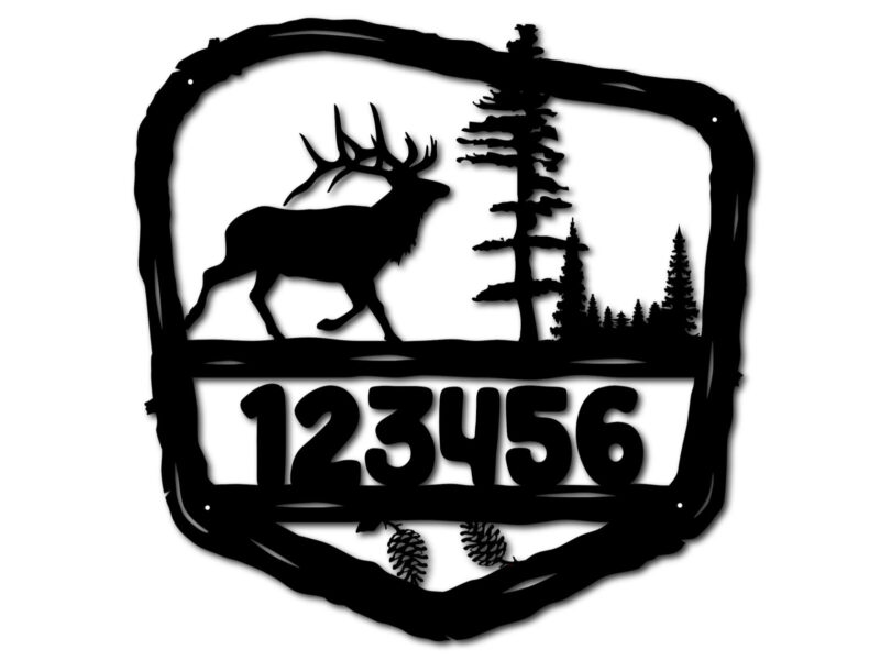 Rustic elk metal address sign with park-style frame