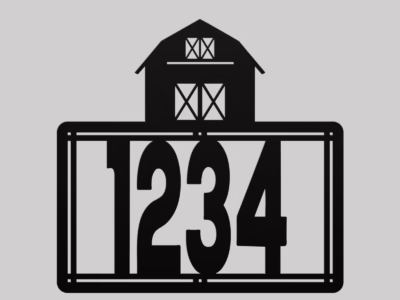 Metal house number sign with barn accent crafted from durable steel.