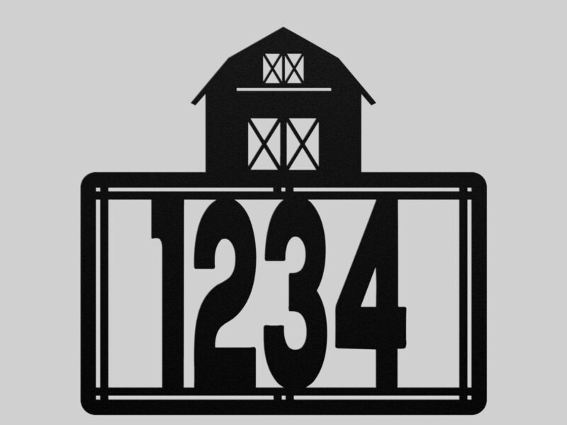Metal house number sign with barn accent crafted from durable steel.