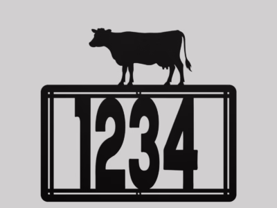 Personalized Metal House Number Sign with Cow Accent mounted outdoors