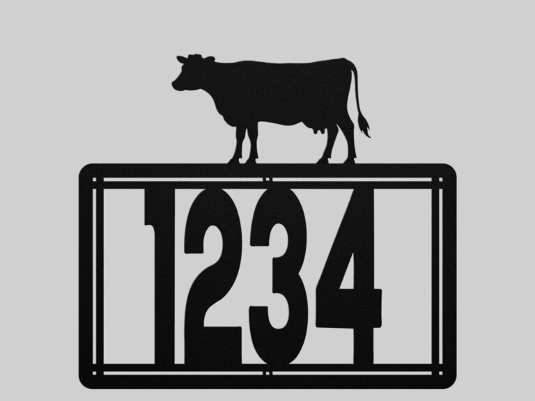 Personalized Metal House Number Sign with Cow Accent mounted outdoors