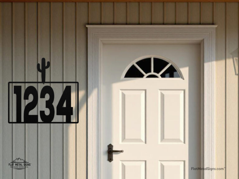 Powder coated steel house number sign with cactus detail