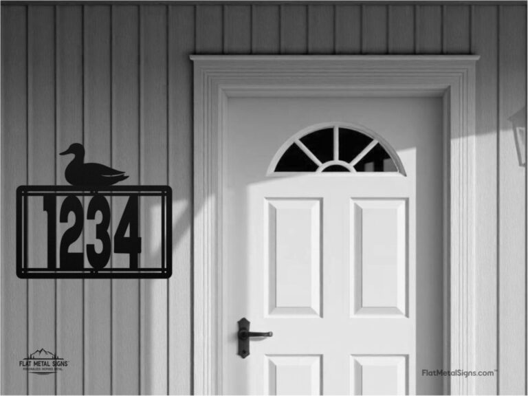 Personalized Metal House Number Sign with Duck Accent mounted outdoors
