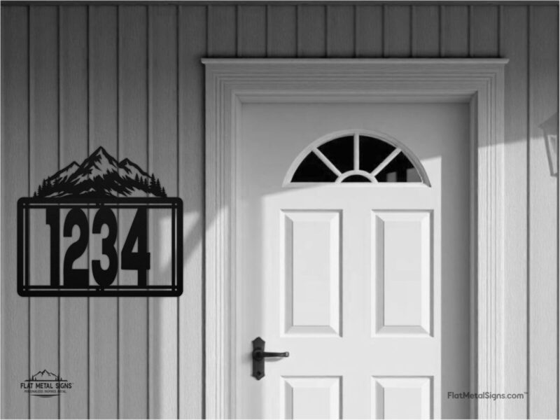 Custom steel house number sign with mountain silhouette accent